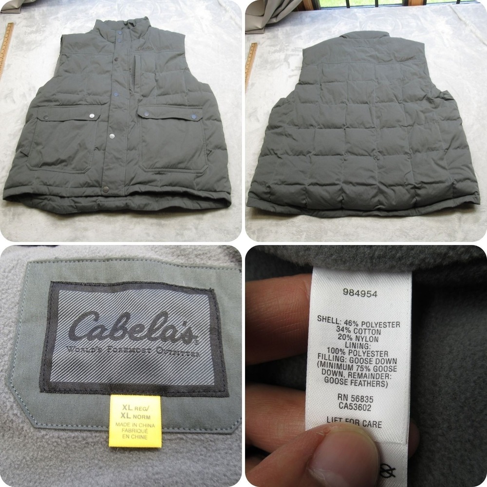 Cabelas Down Vest Men Medium Green Fleece Lined Full Zip Insulated Puffer Warm